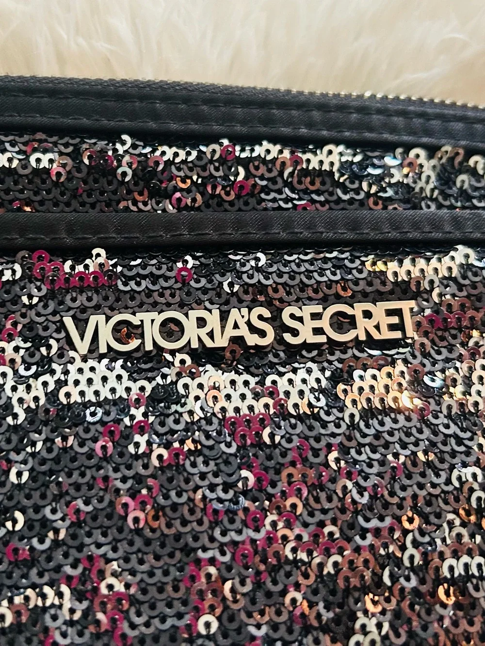 Victoria's Secret Black /Silver Sequin Cosmetics Bag makeup pouch